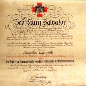 1916 r - dyplom Srebrnego Medalu Czerwonego Krzyża c.k. Austria dla Stanisława Legeżyńskiego