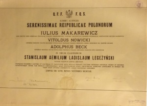  1923 - dyplom doktora medycyny Uniwersytet Jana Kazimierza Lwów dla Stanisława Legeżyńskiego