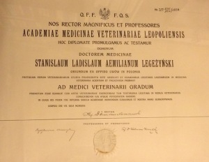 1926 - dyplom lekarz weterynarii Akademji Medycyny Weterynaryjnej we Lwowie dla Stanisława Legeżyńskiego 
