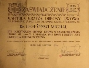 Michał Legeżyński Lwów 1938 zaświadczenie uczestnika Obrony Lwowa
