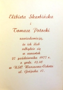 Elżbieta Skarbińska, Tomasz Potocki zaproszenie na ślub 1977