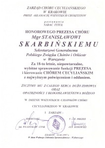 Stanisław Skarbiński 11 03 1997r nadanie tytułu Honorowego Prezesa Chóru Cecylińskiego w Krakowie