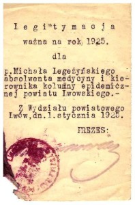 legitymacja 1925 kierownika kolumny epidemiologicznej powiatu Lwowskiego Michał Legeżyński