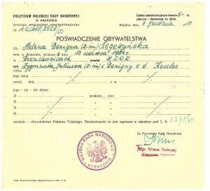 poświadczenie obywatelstwa Kraków 1950 r