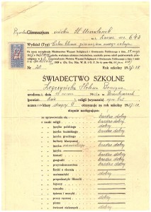 świadectwo końcowe drugiej klasy Prywatnego Gimnazjum Żeńskiego ss. Urszulanek we Lwowie czerwiec 1938