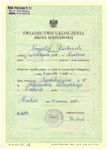 świadectwo ukończenia Szkoły Podstawowej nr 38 Kraków ul. Nullo 23 czerwiec 1969 r