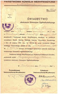 świadectwo ukończenia gimnazjum Państwowa Komisja Weryfikacyjna 1945 r