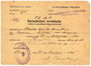 świadectwo urodzenia wydane Lwów 1940 r Ludwika Stroner