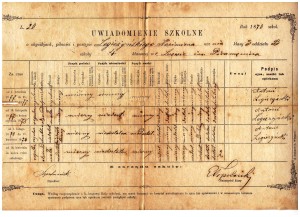 świadctwo szkolne klasa III 1878 r szkoła 4ro-klasowa im Piramowicza