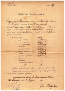 świadectwo klasy IV szkoły ćwiczeń przy seminarium nauczycielskim we Lwowie 1880 r